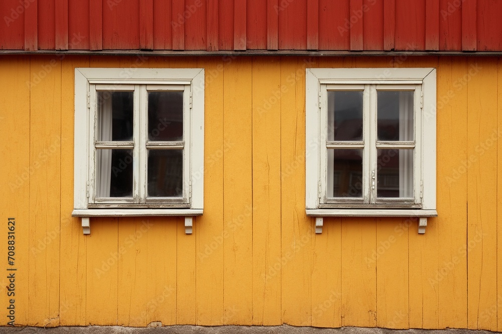 Two windows on a yellow wooden wall of a house in Norway. Two windows on a yellow wooden wall of a house in Norway.