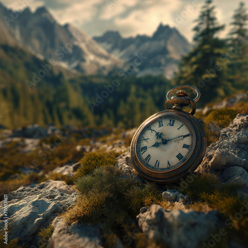 Time travel, the traveler, an ancient pocket watch, vast natural landscapes, humanity amidst the grandeur of nature