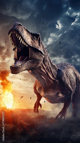 Prehistoric Dinosaur T-Rex Roars In Front Of Asteroid Impact photo