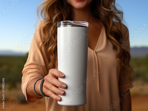 Young woman holding a white tumbler