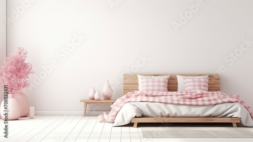 Light  cute and cozy home bedroom interior with unmade bed  pink plaid and cushions on empty white wall background. 3D rendering