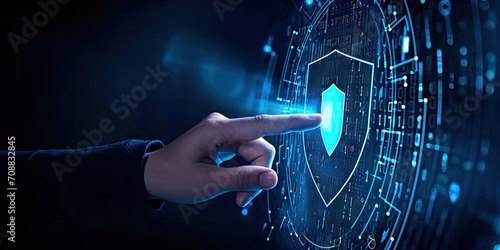 Digital security network. Abstract concept illustration featuring businessman guarding data with shield key and padlock symbolizing online privacy and cyber protection