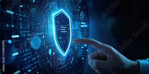 Digital security network. Abstract concept illustration featuring businessman guarding data with shield key and padlock symbolizing online privacy and cyber protection