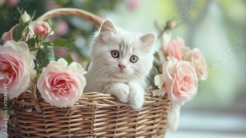 Small white kitten in the basket with pink roses. Kitty and flowers