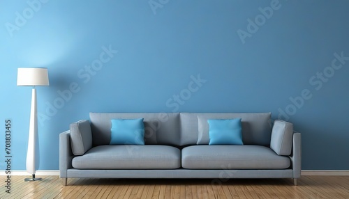 Modern Living Room With Gray Sofa and Green Potted Plant Against a Blue Wall