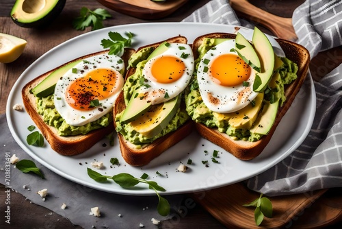Toasts with avocado and eggs served on plate. Closeup. 