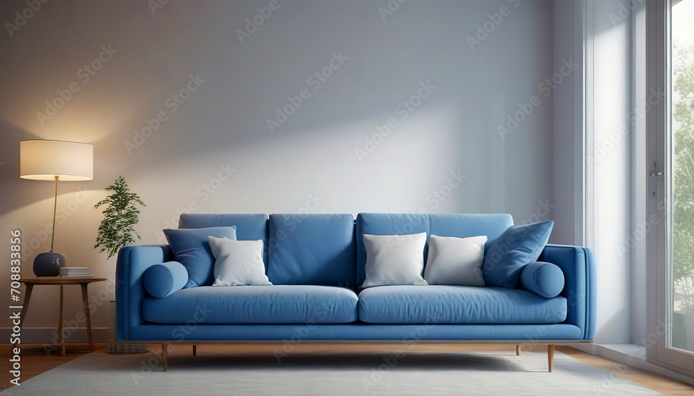 Fototapeta premium Interior of living room with blue sofa