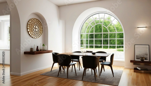 Interior design of modern small dining room with arched window