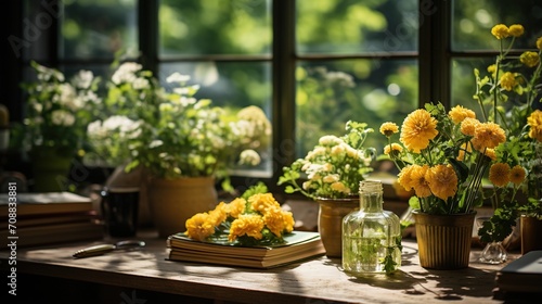 Still life with yellow flowers by the window