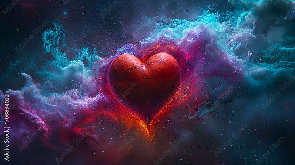 Abstract planet of Valentines, red heart-shaped planet between nebulae of purple, fuchsia, and cyan hues, among stars