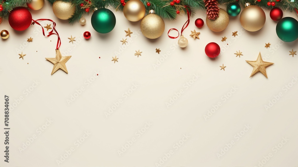 Captivating Christmas Decorations: Top View of Green and Red Baubles, Gold Star, Reindeer Ornament, Confetti, Mistletoe, and Pine Branches on Beige Background with Empty Space - Festive Holiday Captivating Christmas Decorations: Top View of Green and Red Baubles, Gold Star, Reindeer Ornament, Confetti, Mistletoe, and Pine Branches on Beige Background with Empty Space - Festive Holiday