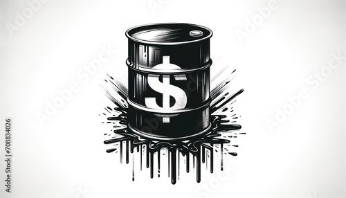 Black and white sketch of a black oil barrel with a dollar sign and dripping oil photo
