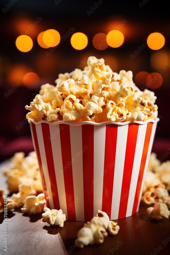A red and white striped bucket of popcorn with a blurred background of orange lights A red and white striped bucket of popcorn with a blurred background of orange lights