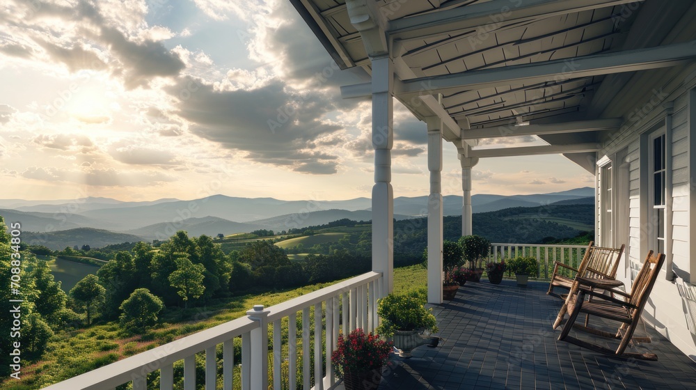 Morning Serenity: Rustic Porch Peaceful Mountain View from Country Porch Morning Serenity: Rustic Porch Peaceful Mountain View from Country Porch