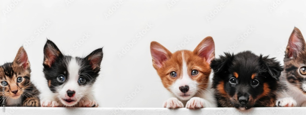 Veterinary examination of dogs and cats, Puppy and kitten at the veterinarian. Animal clinic. Pet screening and vaccinations, Healthcare - obrazy, fototapety, plakaty 