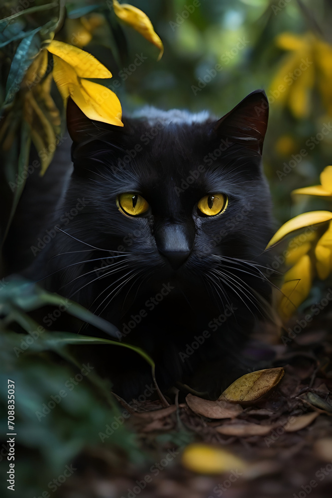 Black cat with yellow eyes on a background of yellow leaves in autumn
