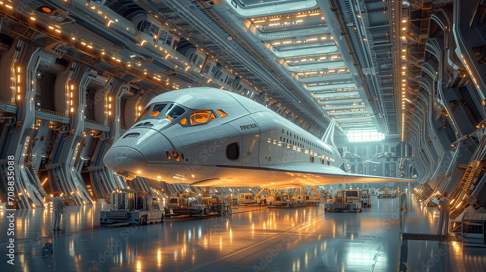 A futuristic vehicles undergoing maintenance with dark blue background. , generative ai. A futuristic vehicles undergoing maintenance with dark blue background. , generative ai.