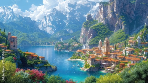 Fényképezés Majestic fantasy city nestled on rolling hills, commanding a view over a serene
