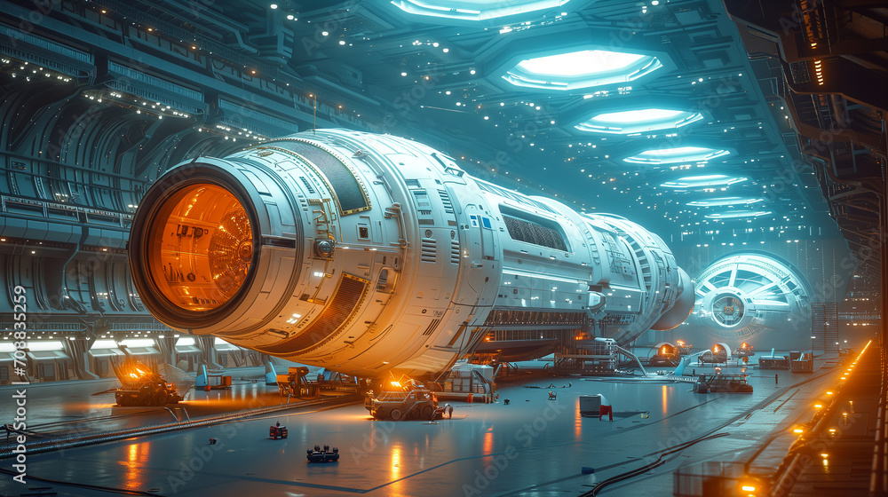 Fototapeta premium A futuristic vehicles undergoing maintenance with dark blue background. , generative ai.