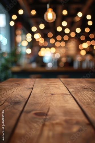 Wooden table blurred background of restaurant of cafe with bokeh