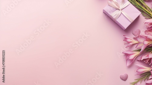 Charming Woman's Day Gift Composition with Elegant Boxes, Pink Ribbon, Hearts, and Prairie Gentian Flowers on Pastel Pink Background - Celebration Concept with Copyspace for Special Occasions and Holi © sunanta