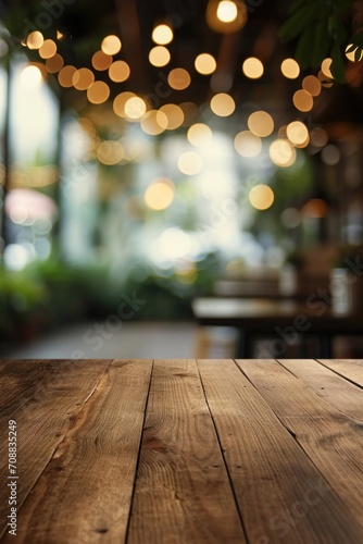 Wooden table blurred background of restaurant of cafe with bokeh photo