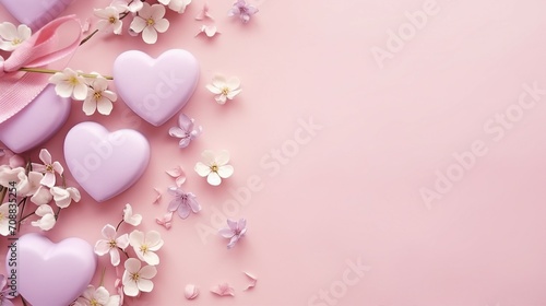 Charming Woman s Day Gift Composition with Elegant Boxes  Pink Ribbon  Hearts  and Prairie Gentian Flowers on Pastel Pink Background - Celebration Concept with Copyspace for Special Occasions and Holi
