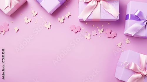 Charming Woman's Day Gift Composition with Elegant Boxes, Pink Ribbon, Hearts, and Prairie Gentian Flowers on Pastel Pink Background - Celebration Concept with Copyspace for Special Occasions and Holi photo