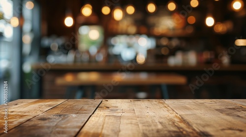 Wooden table blurred background of restaurant of cafe with bokeh photo