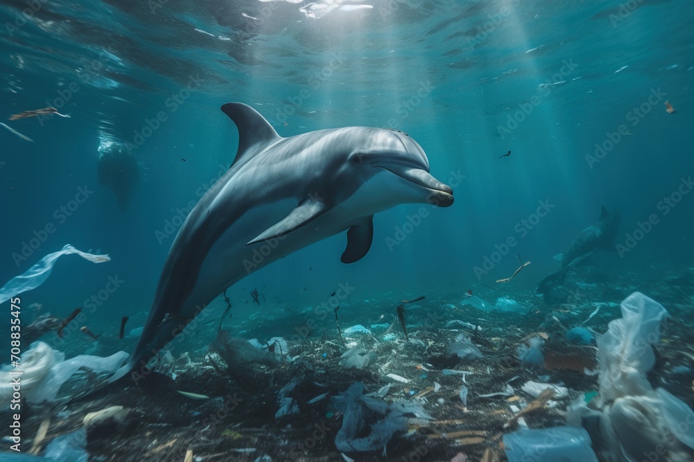 Fototapeta premium Dolphin near plastic trash at the ocean
