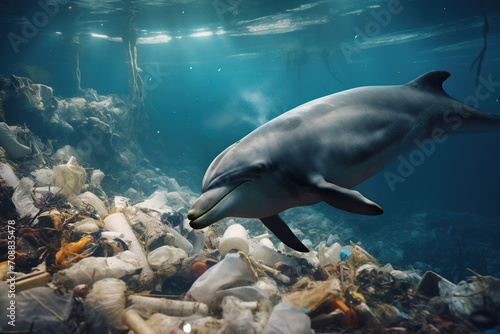 Dolphin near plastic trash at the ocean