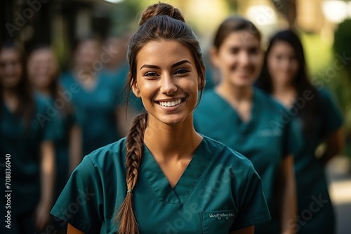 Confident female medical professionals in green scrubs