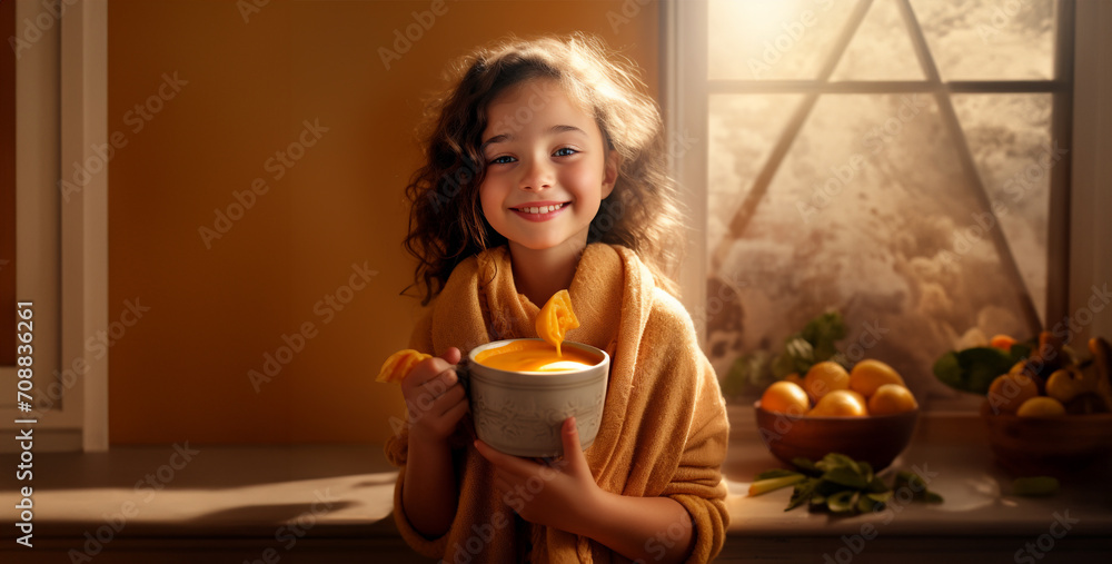 a soup advertisement showing a girl having a soup advertisement showing a girl having