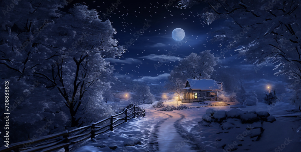landscape with house, winter in the city, night in the city, Warm winter night soft air snowy night warm air