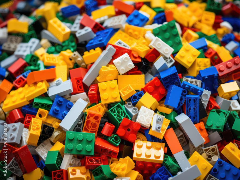 Fototapeta premium Pile of multi-colored plastic Lego pieces on table