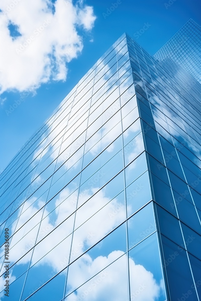 Blue glass skyscraper reflecting clouds