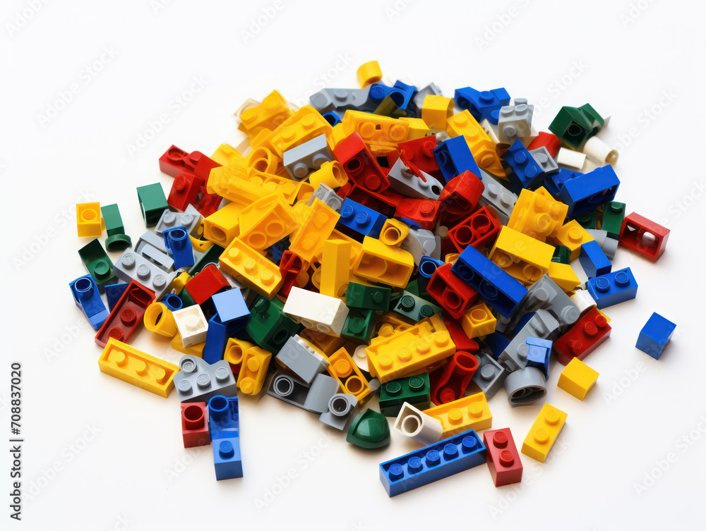 Naklejka premium Pile of multi-colored plastic Lego pieces on white background