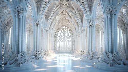 3D drawing and representation of an abstract white gothic interior, Generative AI.