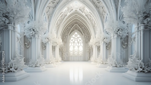 3D drawing and representation of an abstract white gothic interior, Generative AI.