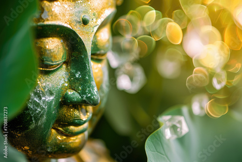 glowing buddha face with crystal lotus, nature green background, heaven light