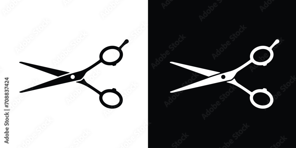 scissors on black and white  - obrazy, fototapety, plakaty 