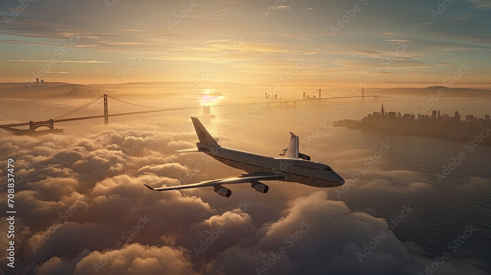 Majestic Airplane Soaring through Golden Hour Skies in Tranquil Serenity Majestic Airplane Soaring through Golden Hour Skies in Tranquil Serenity