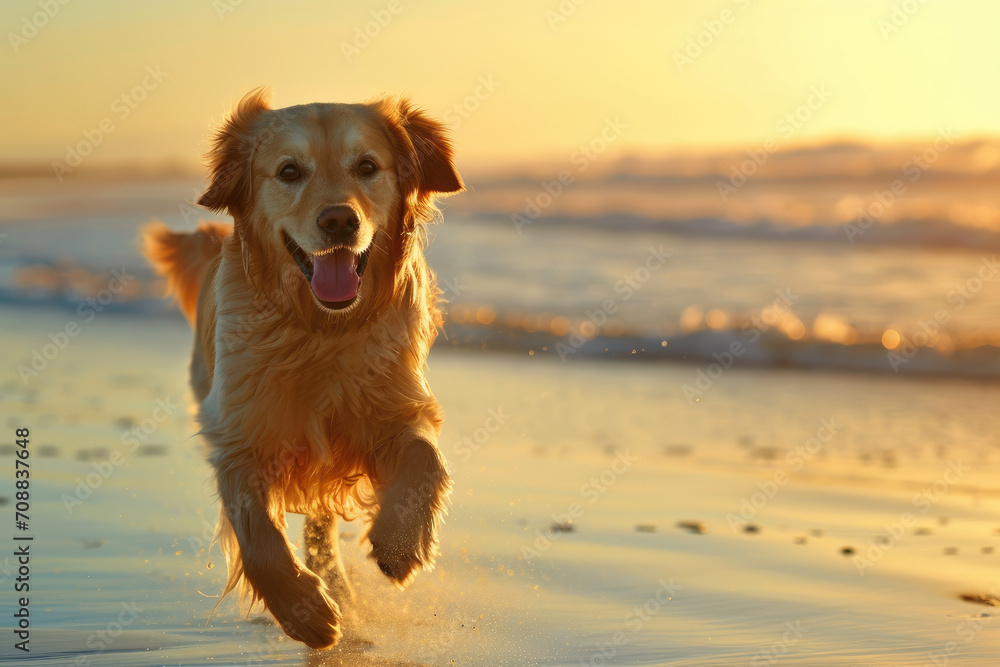 golden retriever running on the beach at sunset