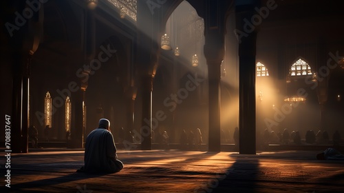 A devout Muslim man is seen praying within the mosque, Generative AI.