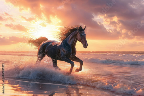 a horse running on the beach at sunset photo