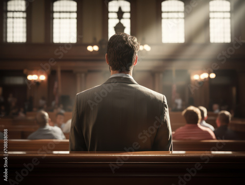 Man standing during Sunday service at church