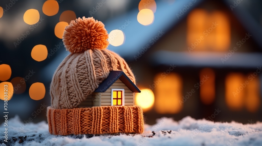 A model house with a knit cap depicting a heating system concept and the cold, snowy atmosphere, Generative AI. - obrazy, fototapety, plakaty 