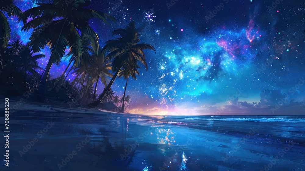 Enchanting Ocean Bliss: Starlit Sky, Coconut Palms, and Fiery Fireworks