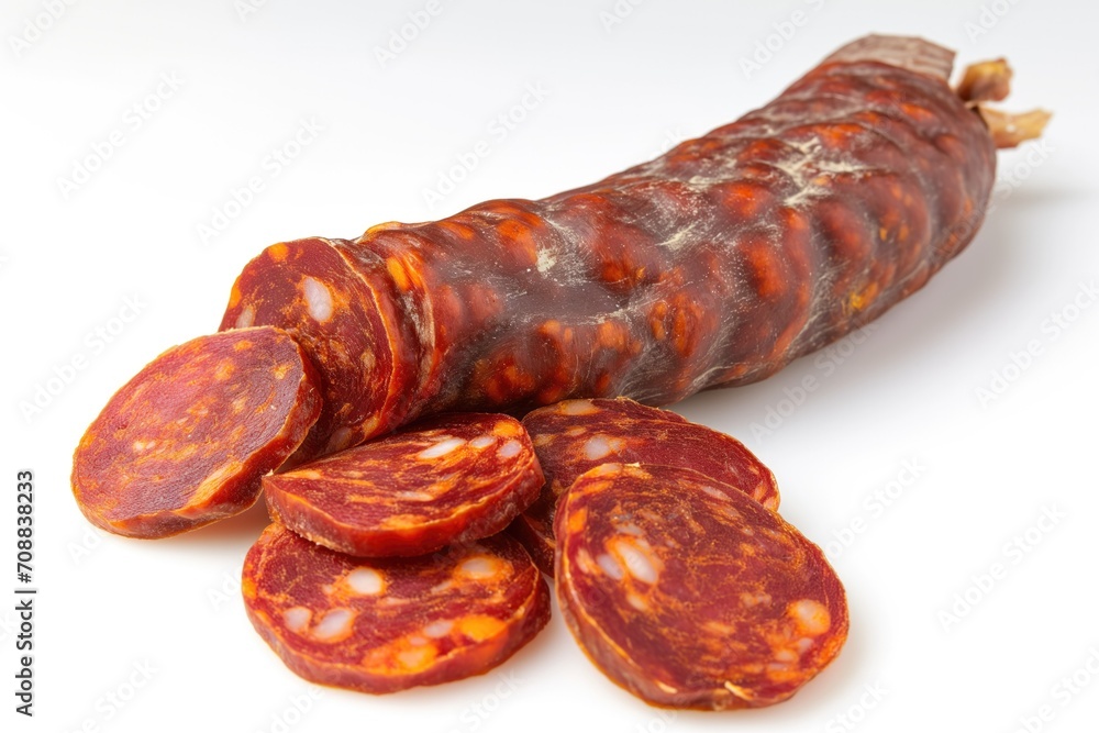 Slices of Spanish cured chorizo on white background Slices of Spanish cured chorizo on white background