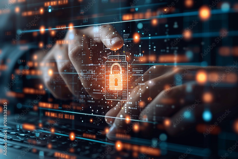 Businessman secures data on a virtual screen, verifying identity via digital padlock. This AI image embodies cyber resilience, safeguarding business data and privacy against potential cyber threats. Businessman secures data on a virtual screen, verifying identity via digital padlock. This AI image embodies cyber resilience, safeguarding business data and privacy against potential cyber threats.